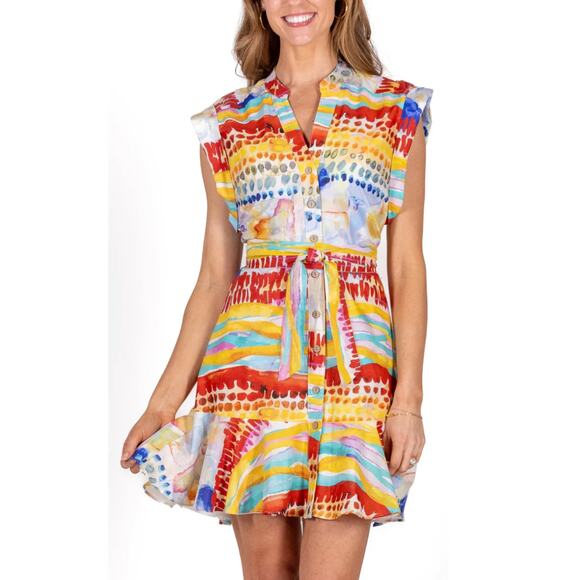 Willa Story Harper Button Front Belted Dress Colorful Print Small Spring Summer - Picture 6 of 6